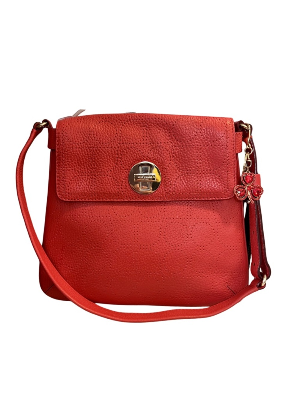 kate spade Red Pebbled Leather Crossbody Hobo with Floral Charm Accent